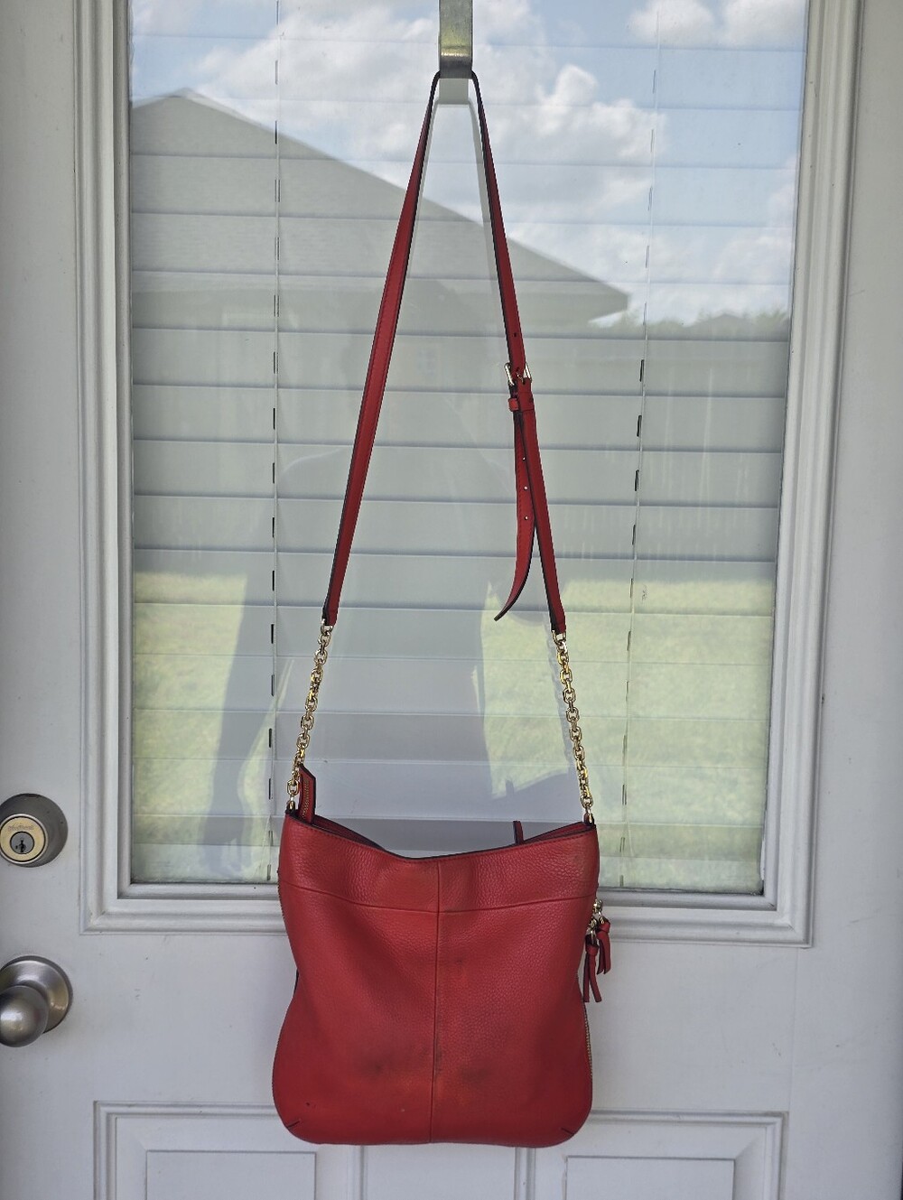 Tory Burch Red Pebbled Leather Crossbody Shoulder Bag Gold Chain Tassel - Picture 5 of 15